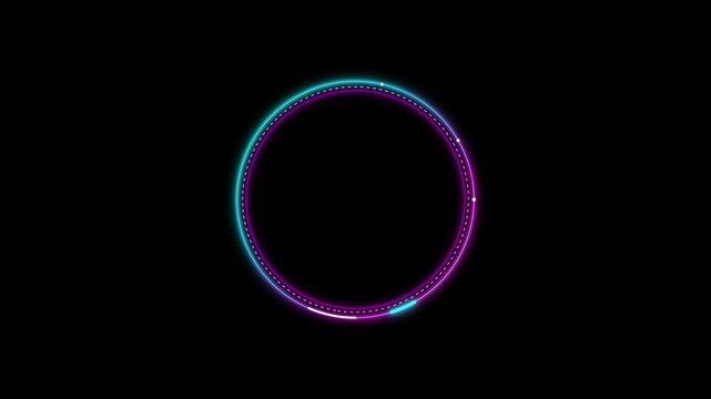 Circle ring glows with neon purple and cyan light patterns while rotating on a deep black background field.
