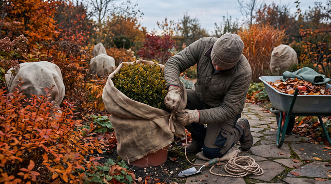 Gardener wrapping potted evergreen shrub with burlap protective cloth to prepare garden plants for cold winter weather during colorful autumn afternoon