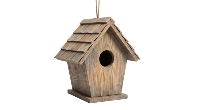 Rustic wooden birdhouse hanging with detailed cedar shingles and a circular entrance hole crafted from natural timber on transparent background