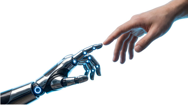 Metallic robotic hand reaching to touch human finger with glowing blue lights in a futuristic interaction on transparent background
