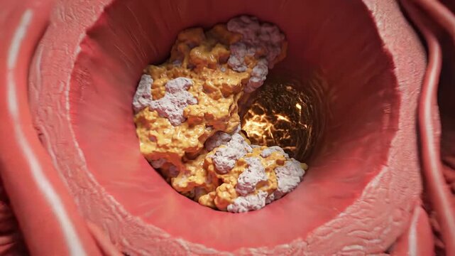 Artery model demonstrating close-up blocked vessel cross-section, supporting cardiovascular education, atherosclerosis training, plaque diagnosis, prevention campaigns, and healthcare risk media.