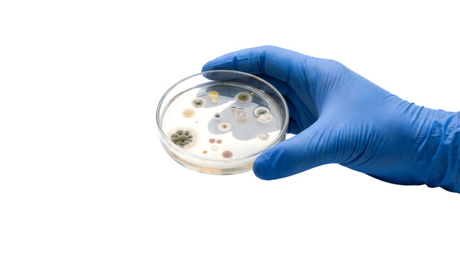 Scientist holding a clear glass petri dish containing colorful bacterial growth and mold colonies captured in a studio on transparent background