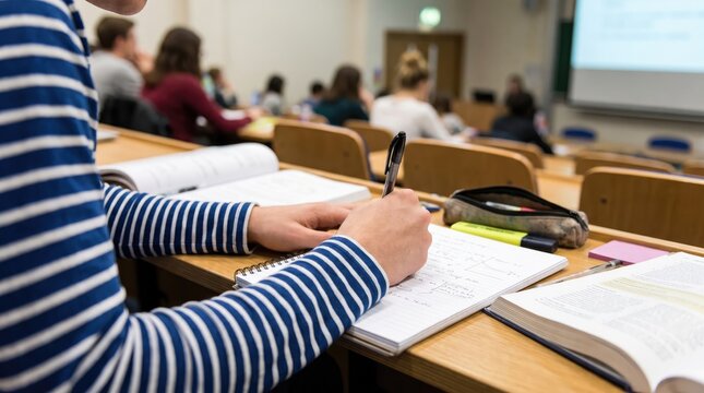 A student taking notes in a university lecture hall to celebrate happy teachers day with academic learning and professional educational development goals