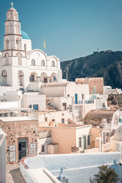 Pyrgos kallistis village on santorini showing white cycladic architecture and a prominent church