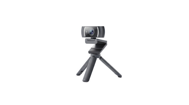 Professional black web camera mounted on a small adjustable tripod for high quality video streaming and virtual meetings on transparent background