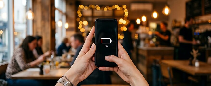 Person holding smartphone with low battery icon. Mobile phone charging status on screen.