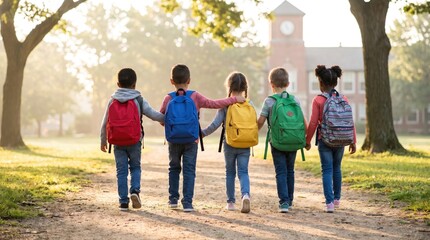 Fototapeta premium A group of happy diverse school children walking together towards their school building celebrating a special happy teachers day morning event outdoors