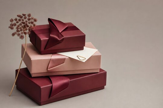 Elegant Stacked Gift Boxes with Silk Ribbons and Greeting Card for Celebration