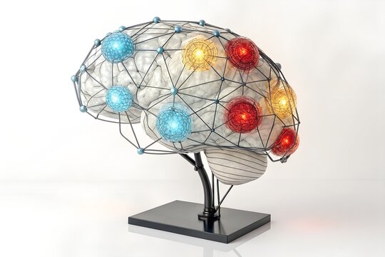 Glowing artificial human brain model with nerve connectivity points, neurology