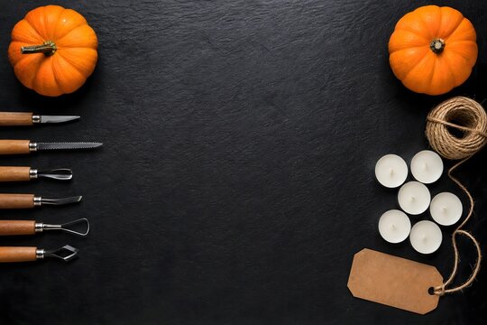 Halloween Pumpkin Carving Tools and Small Pumpkins on Dark Slate Background with Copy Space