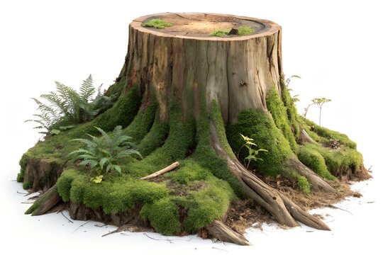Old mossy tree stump in forest with small ferns and roots isolated, woodland