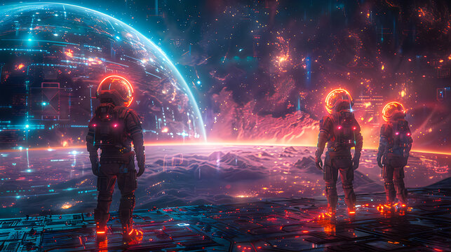 Astronauts standing on spaceship deck overlooking alien planet and cosmic nebulae.