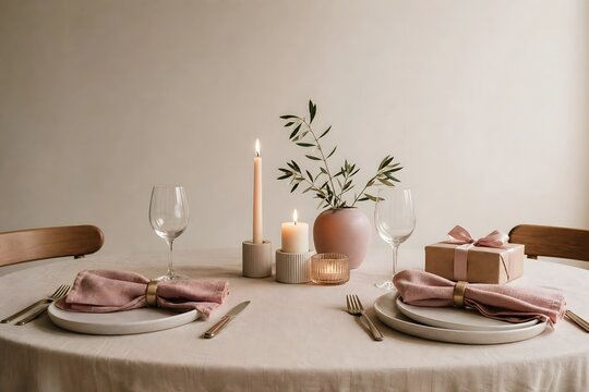 Elegant Dinner Table Setting with Candles and Gift for Romantic Celebration