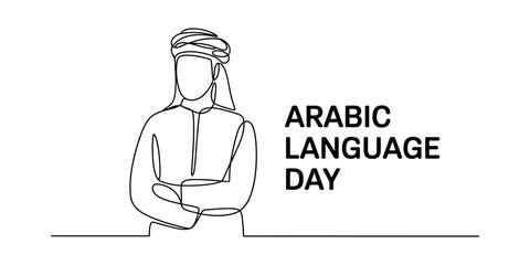 Arabic language day continuous line drawing of an arab man wearing a traditional headgear thobe and ghutra illustration for cultural celebration design © Pabon Art Gallery