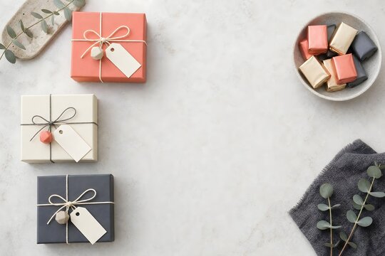 Minimalist Gift Boxes and Chocolates on Stone Background with Copy Space