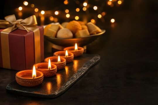 Diwali Celebration Background with Lit Clay Diyas and Gift Box