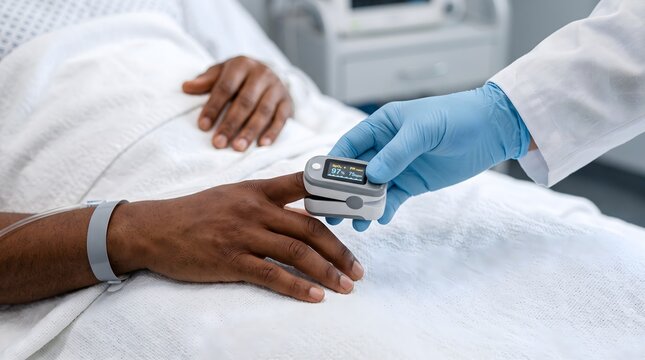 Doctor measuring patient's blood oxygen saturation level with fingertip pulse oximeter in hospital bed