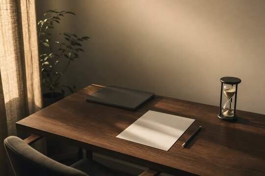 Minimalist Wooden Desk with Laptop and Hourglass in Warm Sunlight