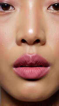 Close up of woman with matte pink lipstick