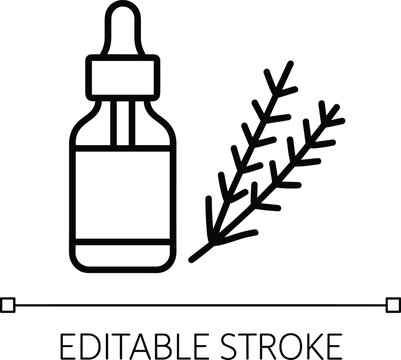 Herbal essential oil dropper bottle editable stroke icon vector illustration featuring natural aromatherapy, botanical extract, wellness and organic skincare concept