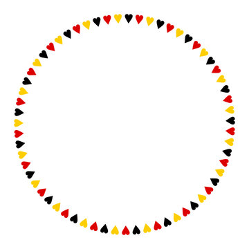 Elegant round border created from small hearts in German flag colors. Copy space. Simple decorative frame isolated on transparent background for invitations, greeting cards and branding. PNG. Vector
