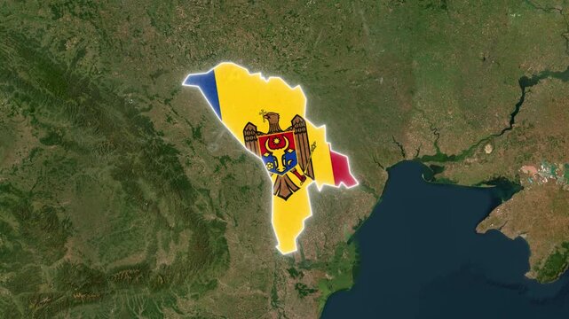 Moldova Map Highlight with Animated Flag Pin on World Satellite Map