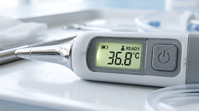 Digital ear thermometer showing normal body temperature reading in clinical setting.