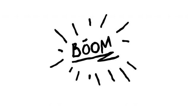 pop art BOOM comic text animation with burst effect scribble doodle effect in white background 4k video