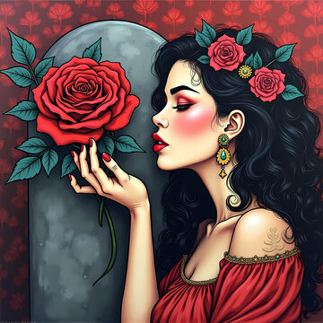 Vibrant digital art of a beautiful woman in profile holding a large red rose next to a stone arch on a patterned background