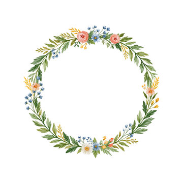 Watercolor circular wreath with layered green leaves and small pink, blue, white and orange flowers in a soft cottagecore style, ideal for invitations and stationery.