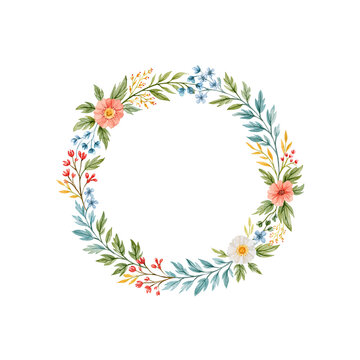 Watercolor circular wreath with peach-pink flowers, small blue blooms, white daisies, green leaves and orange accents, ideal for wedding invitations, branding and spring stationery.