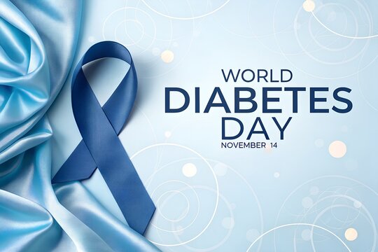 World diabetes day concept featuring blue satin ribbon and light bokeh, diabetes