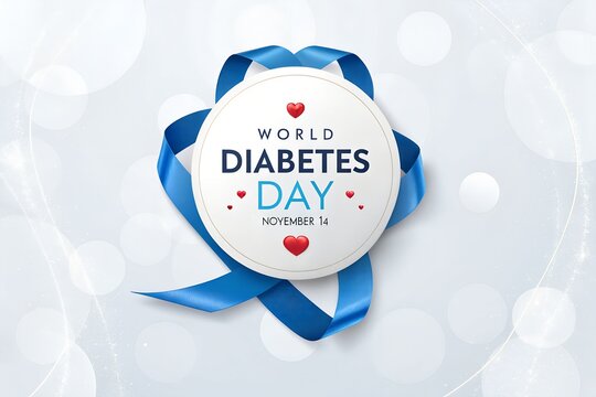 World diabetes day campaign badge with blue ribbon and red heart symbols