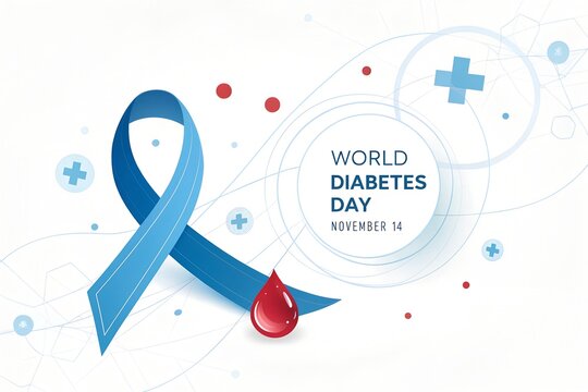 World diabetes day awareness graphic with blue ribbon and red blood drop