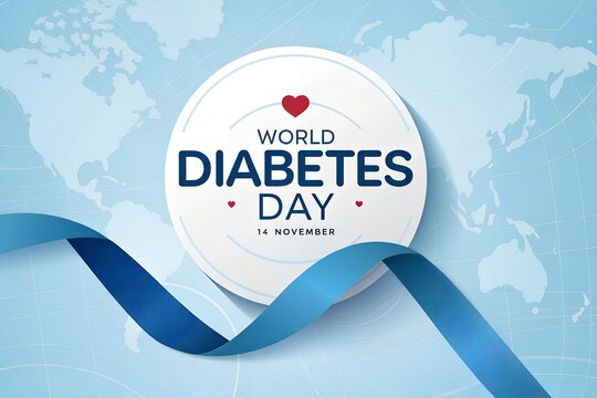 World diabetes day typography on white badge with blue ribbon and world map