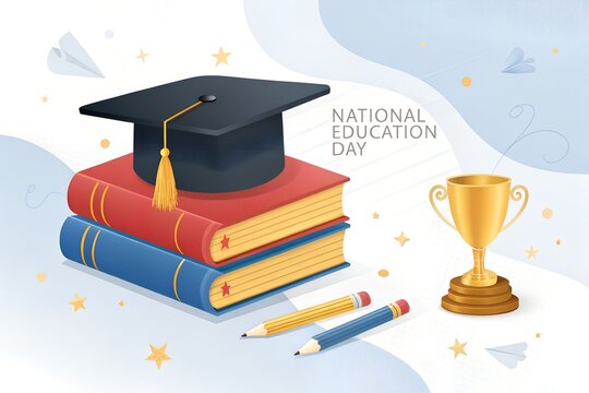 National education day concept with graduation cap books golden trophy, learning