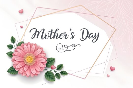 Mother's day greeting card design with pink flower and rose gold frames