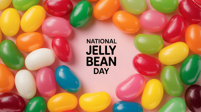 National Jelly Bean Day celebration with colorful jelly beans arranged in a circular pattern on a pink background