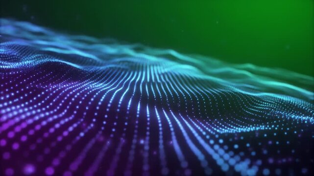 Abstract digital wave field with glowing particles in a futuristic neon landscape during a slow camera flyover