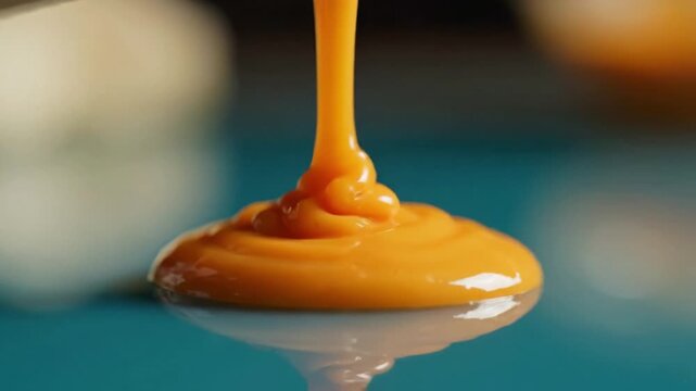 A Close-Up View of Smooth, Creamy Orange Liquid Trickling and Pooling on a Reflective Surface in a Culinary Context, Evoking Sensory Appeal and Texture.