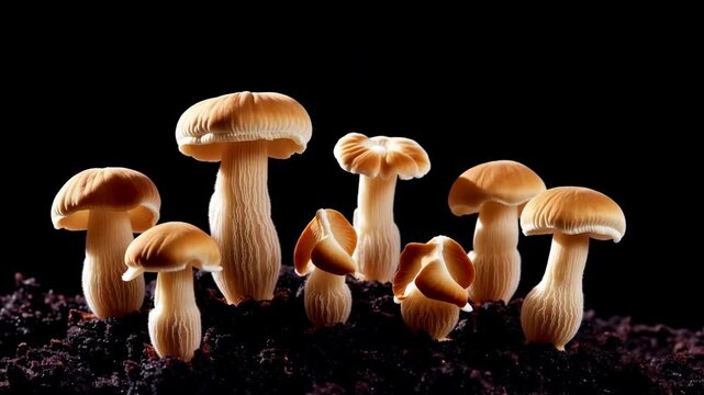 Close-up time-lapse of mushrooms growing in sequence