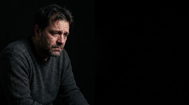 A somber, middle-aged man with a distressed expression sits alone in the dark, his face illuminated by a single light source.