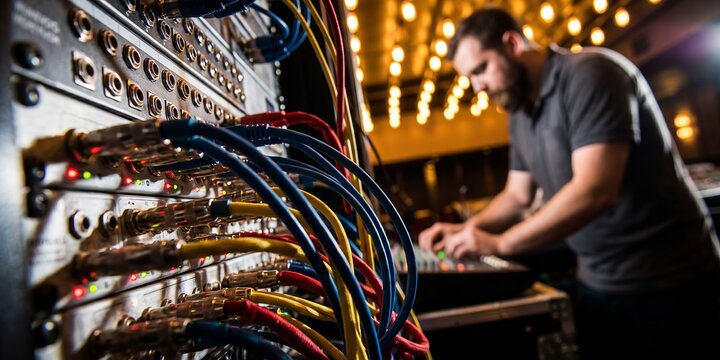 Professional audio equipment patch rack showing colorful connection cables, audio input jacks and sound mixer panel, representing sound engineering and event production