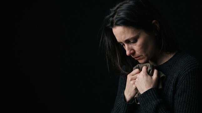 A woman with her eyes closed, holding a cloth to her chest, conveying a sense of deep sadness and emotional pain.