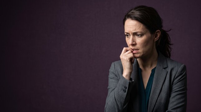 A worried businesswoman bites her nails, showing anxiety and stress in a professional setting.