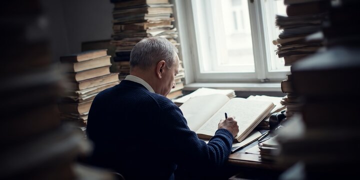 Elderly scholar sitting at a cluttered desk showing stacks of vintage books, open manuscript reading and focused writing process, representing academic research and lifelong learning
