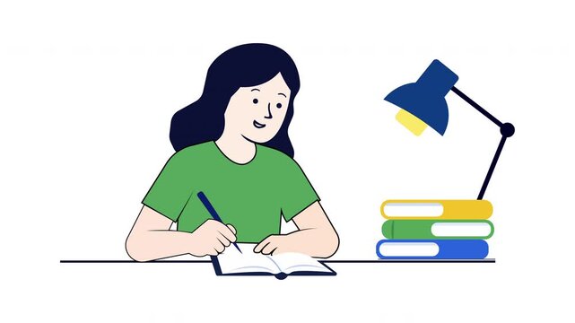 Animated young woman studying and writing at desk video flat vector illustration motion graphic online learning education concept