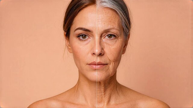 Split screen of a young and elderly woman's face. Woman's face showing signs of aging and wisdom