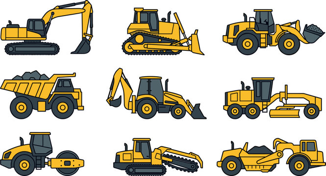 Heavy Construction Equipment Vector Set Featuring Excavator, Bulldozer, Dump Truck, Loader, Backhoe, and Roller Machinery Icons for Industrial Graphic Designs