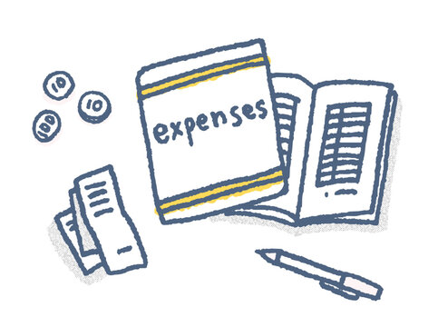 A cute hand-drawn style vector illustration of a household account book, a pen, a receipt, and coins